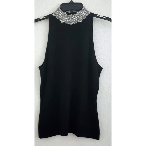 TOP-INC INTERNATIONAL CONCEPTS-Black-Beads-Sequins-Lace Collar-Snap Back-SIZE MP - Picture 1 of 15